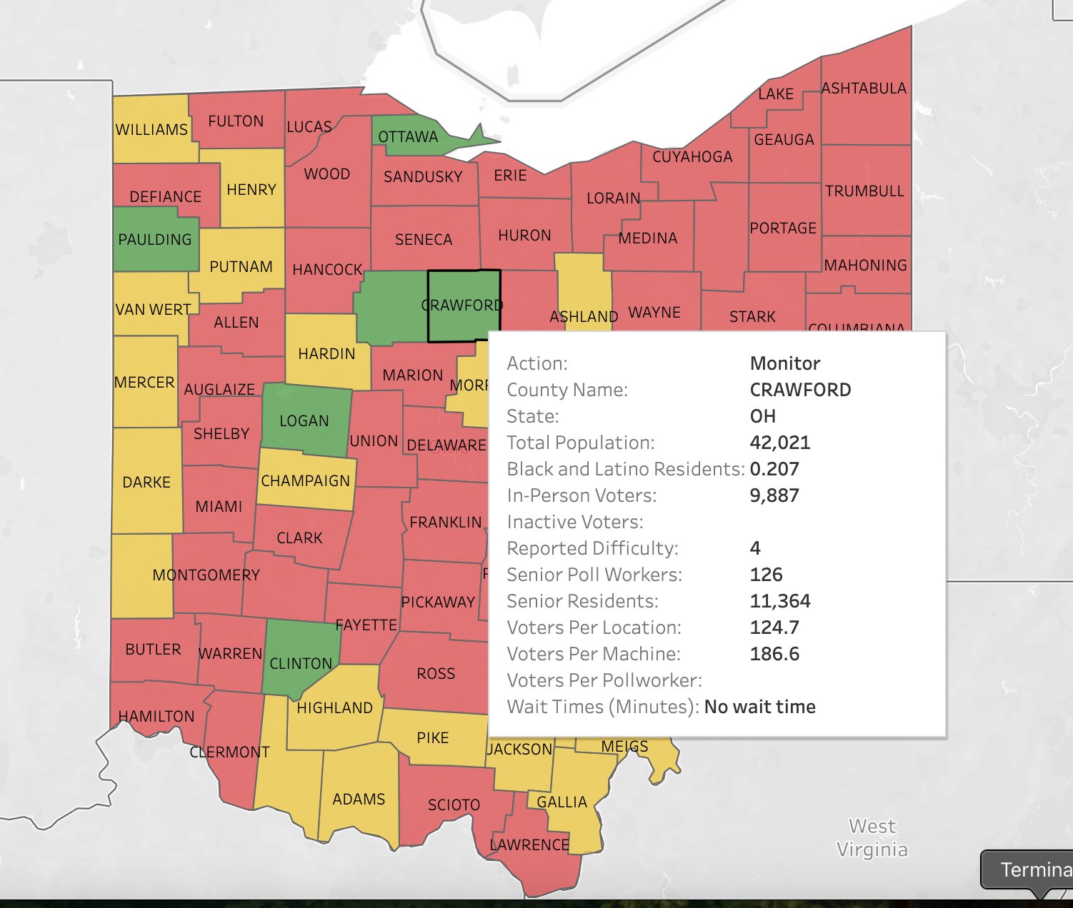 Interactive county-level voter risk map for Ohio — color-coded by Recruit Immediately, Recruit, or Monitor action
